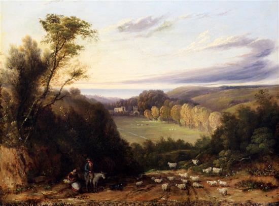 Alfred Walter Williams (1824-1905) Shepherd and flock in an open landscape 16 x 21in.